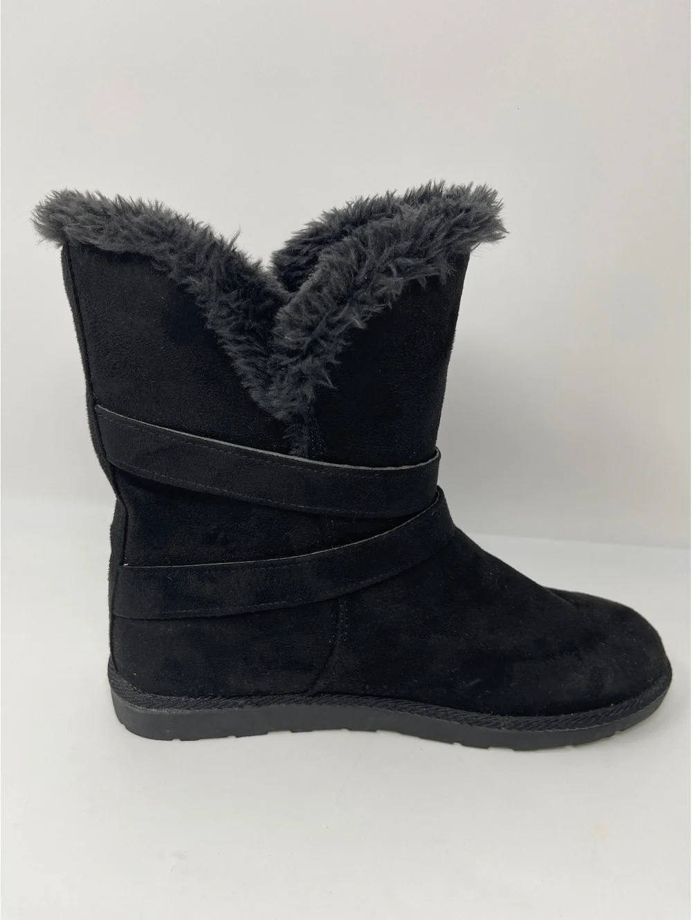 Airwalk Womens Size 9.5 Black Suede Faux Fur Trim Double Buckle Winter Boots
